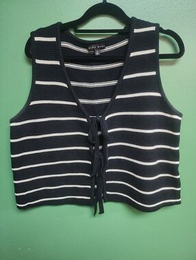 Miou Muse Black White Striped Knit Vest Tie Front Crop Top Medium